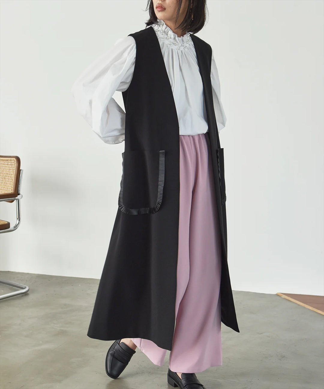 pocket pleated long gilet