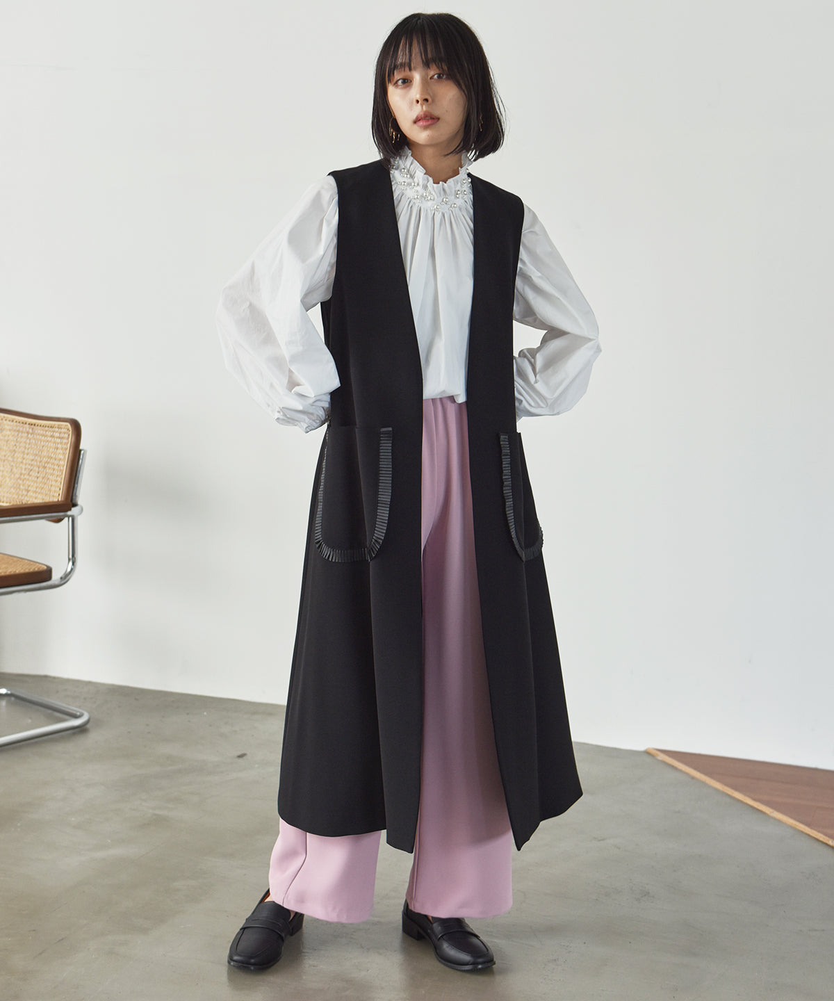 pocket pleated long gilet