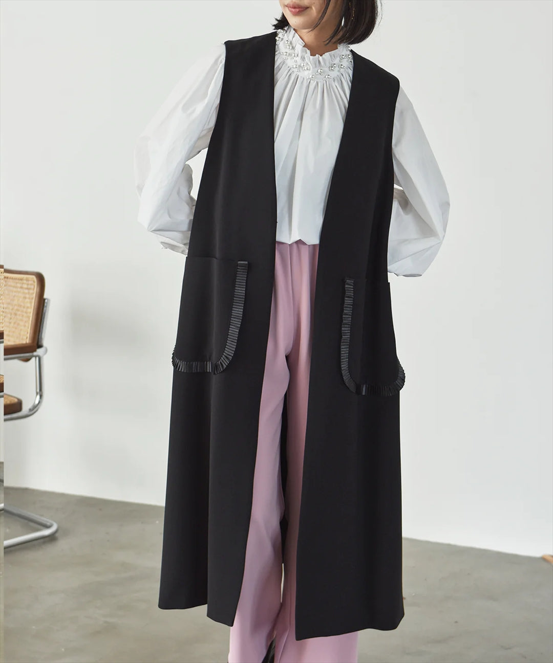 pocket pleated long gilet