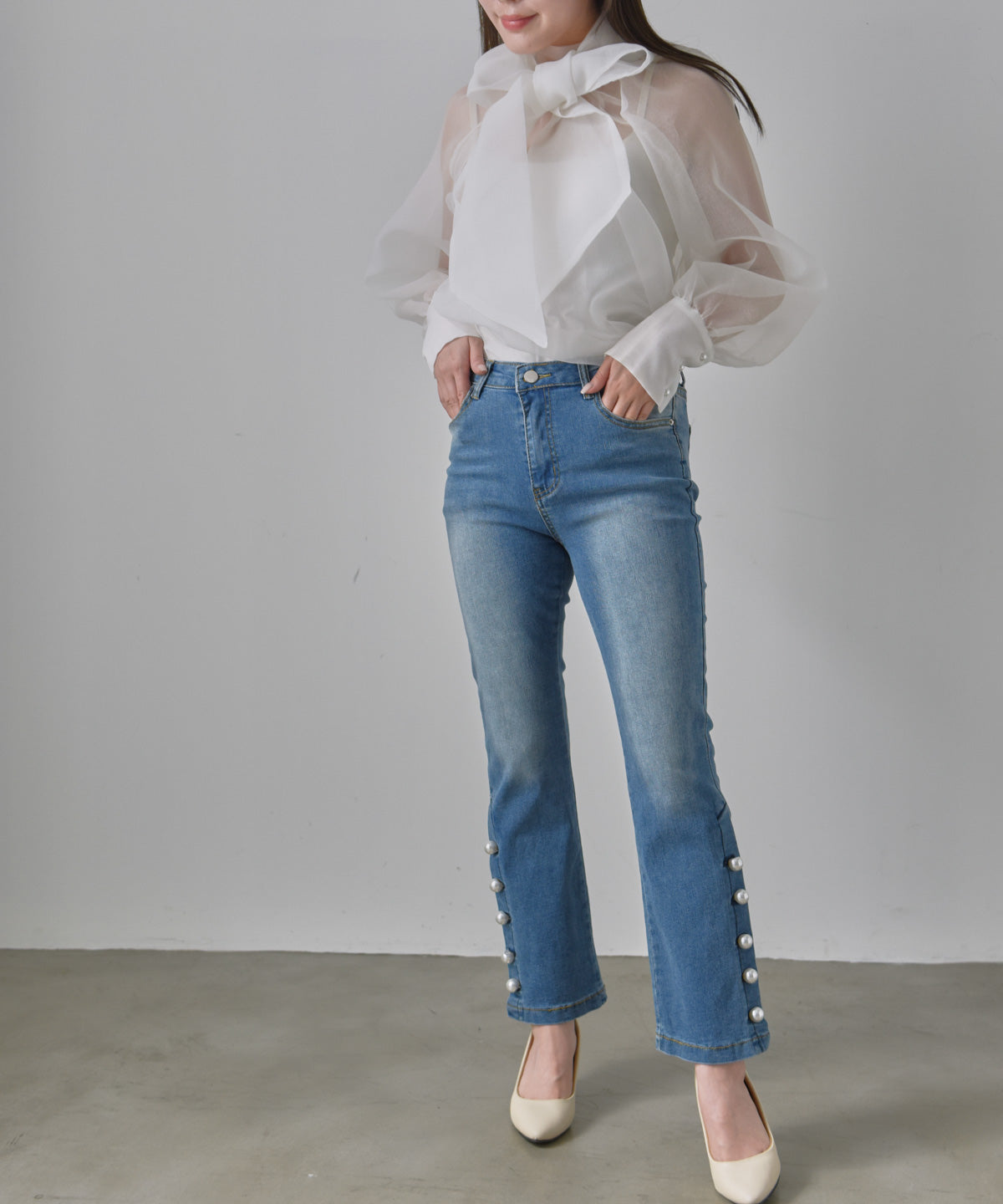 pearl button denim pants