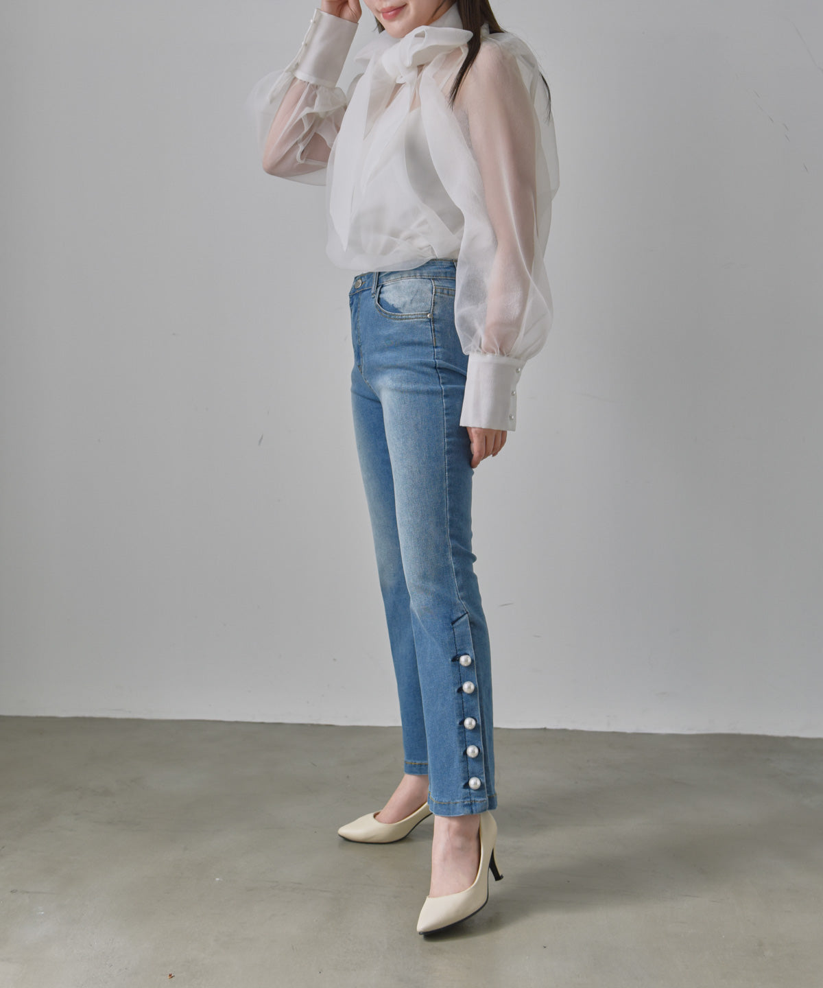 pearl button denim pants