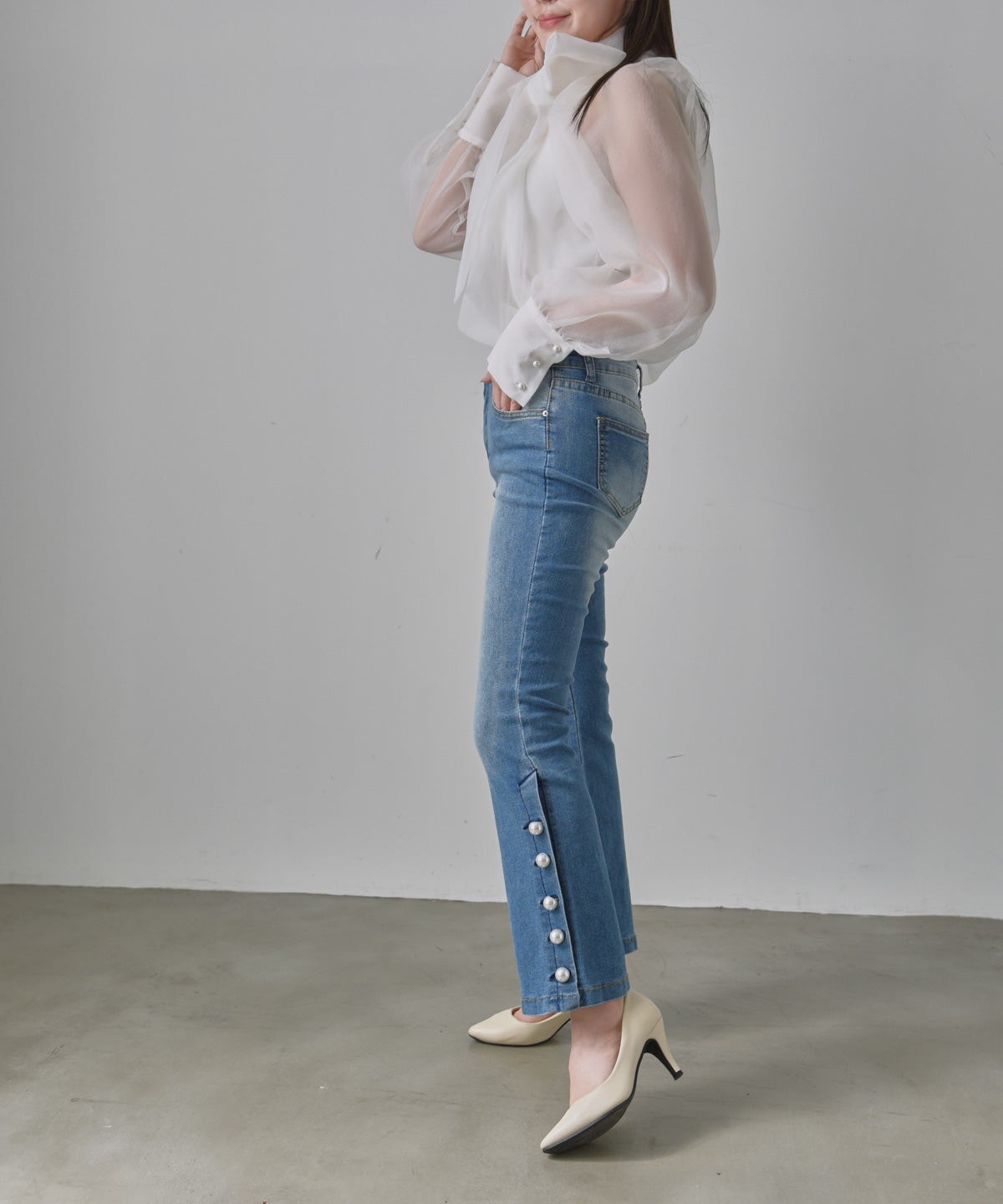 pearl button denim pants