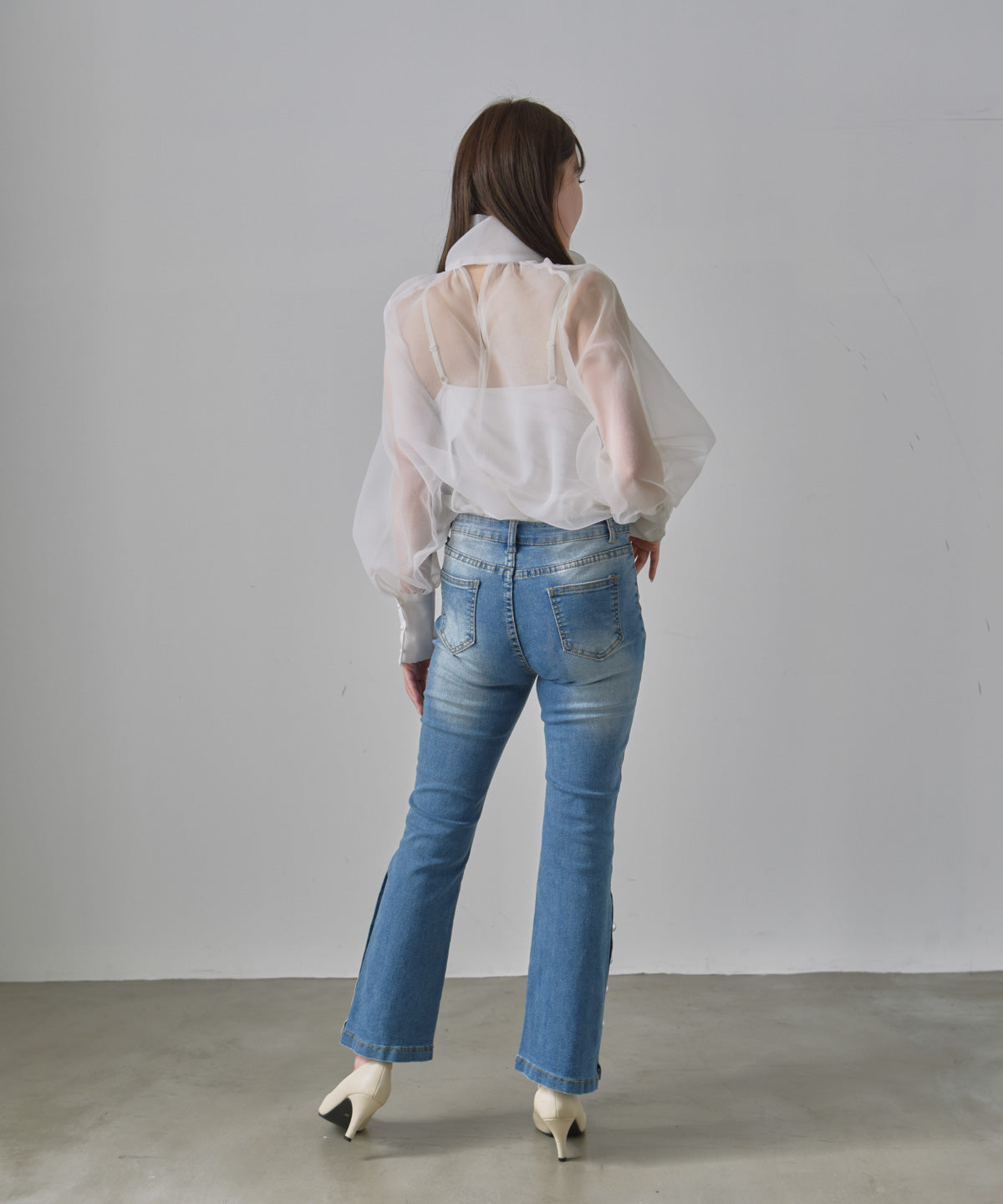 pearl button denim pants