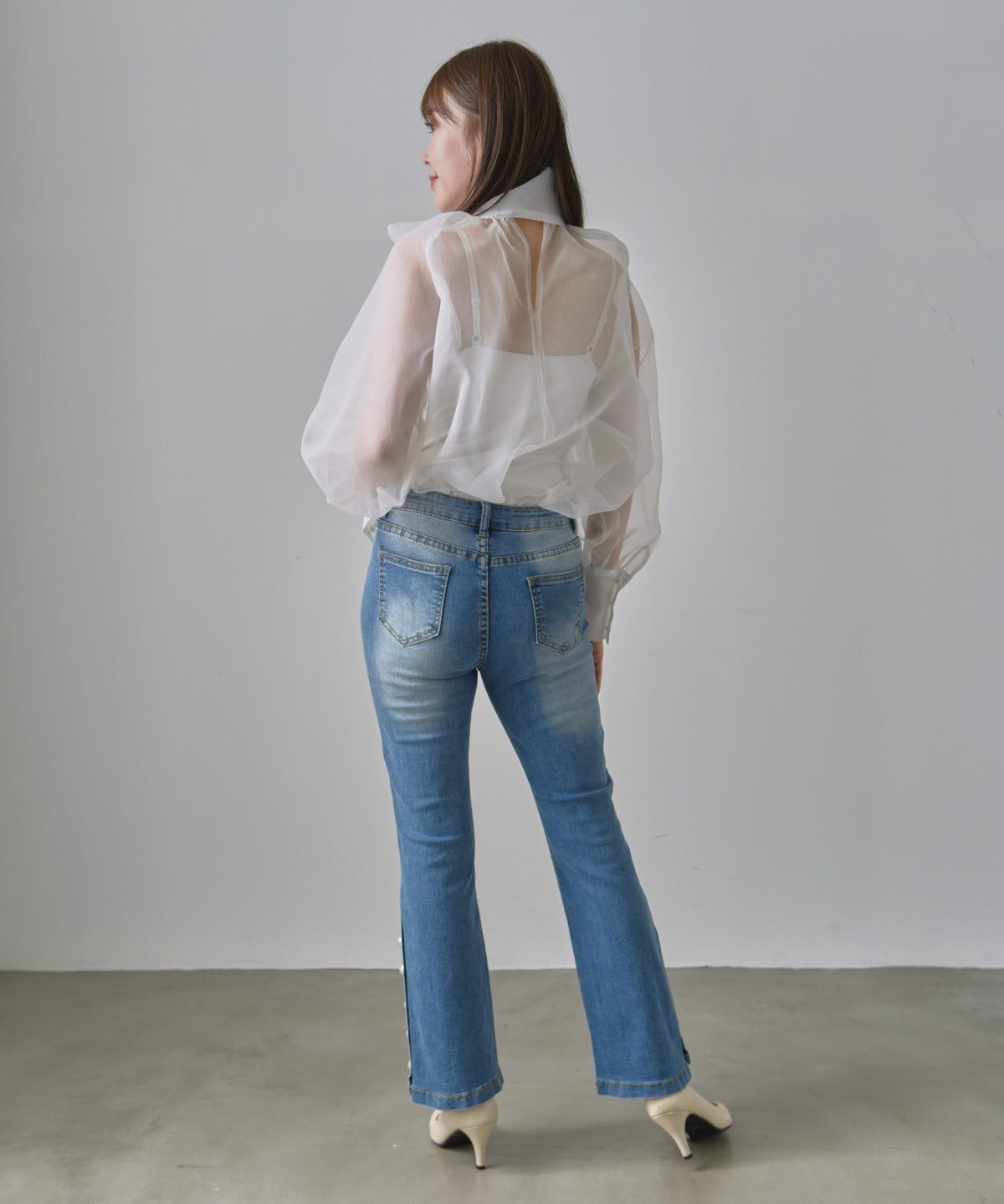 pearl button denim pants