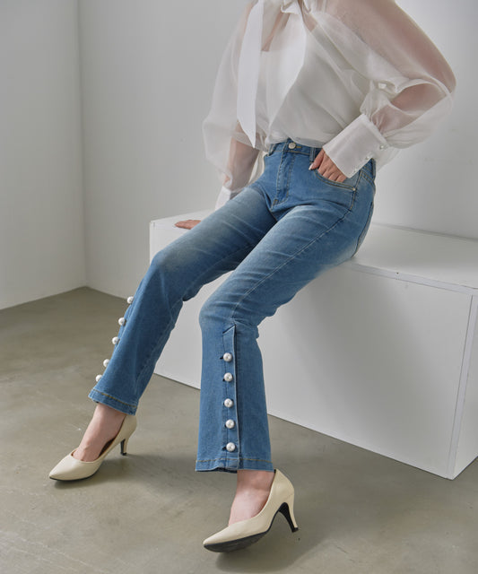 pearl button denim pants