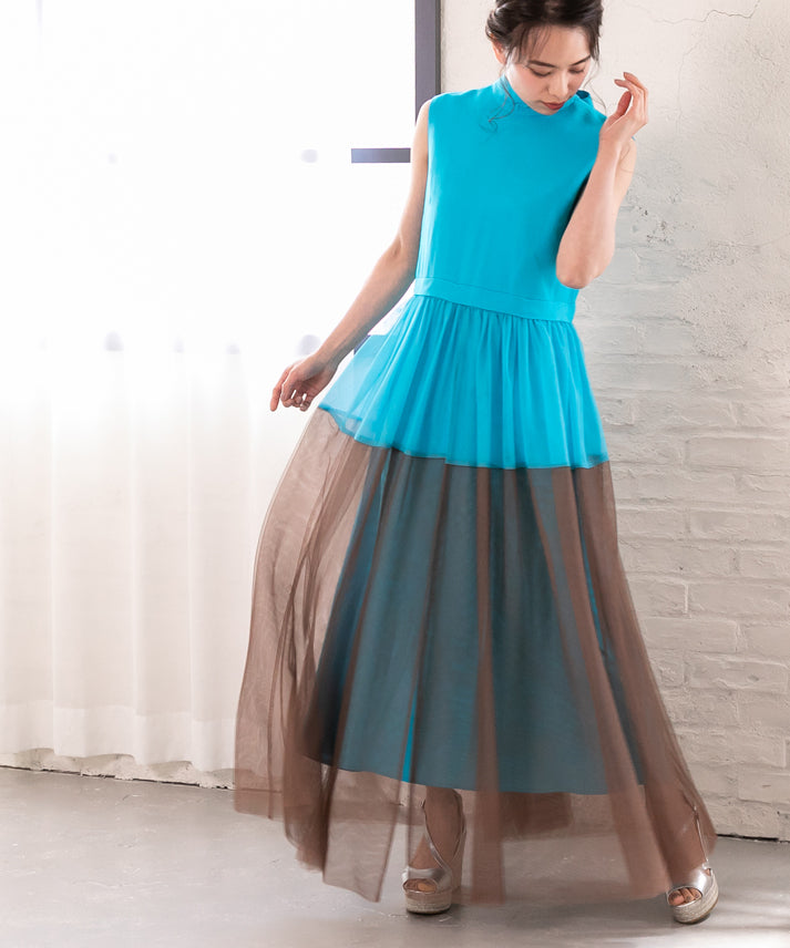 sleeveless bycolor tulle onepiece