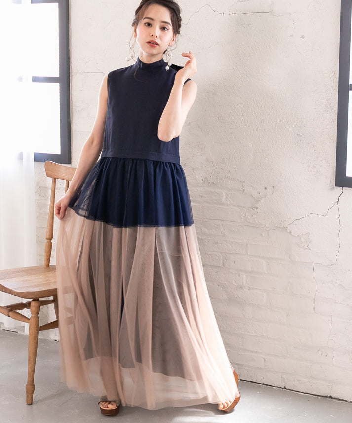 sleeveless bycolor tulle onepiece