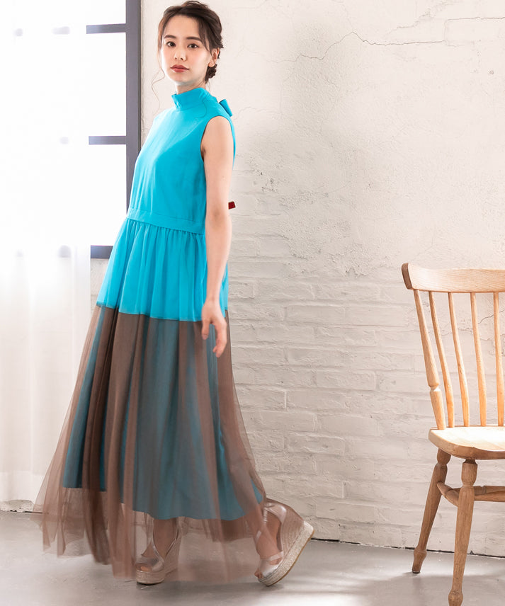 sleeveless bycolor tulle onepiece