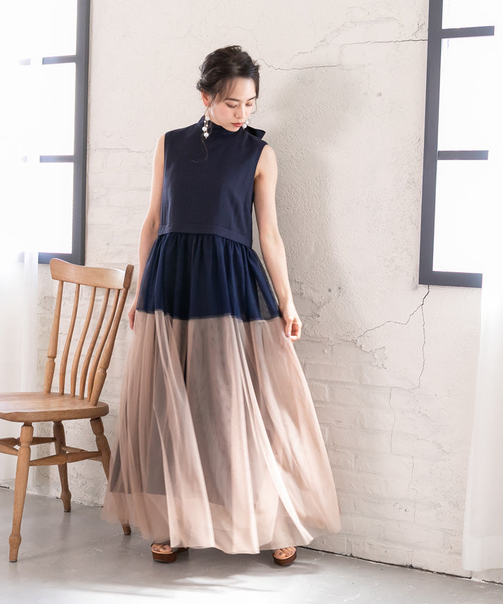 sleeveless bycolor tulle onepiece