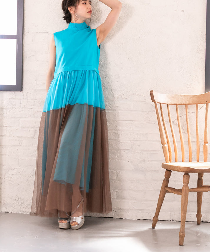 sleeveless bycolor tulle onepiece