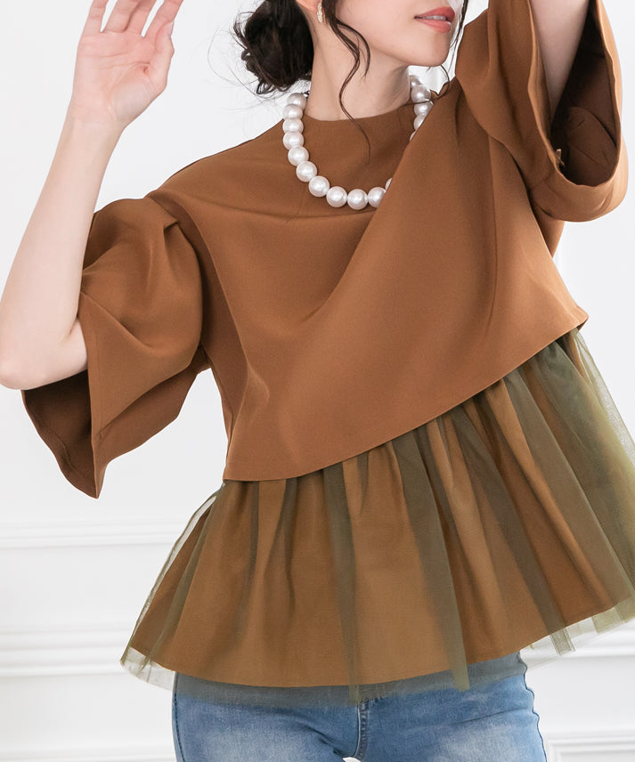 2way sleeve balloon tulle layered blouse