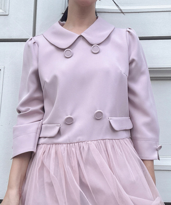 button tulle round collar tunic