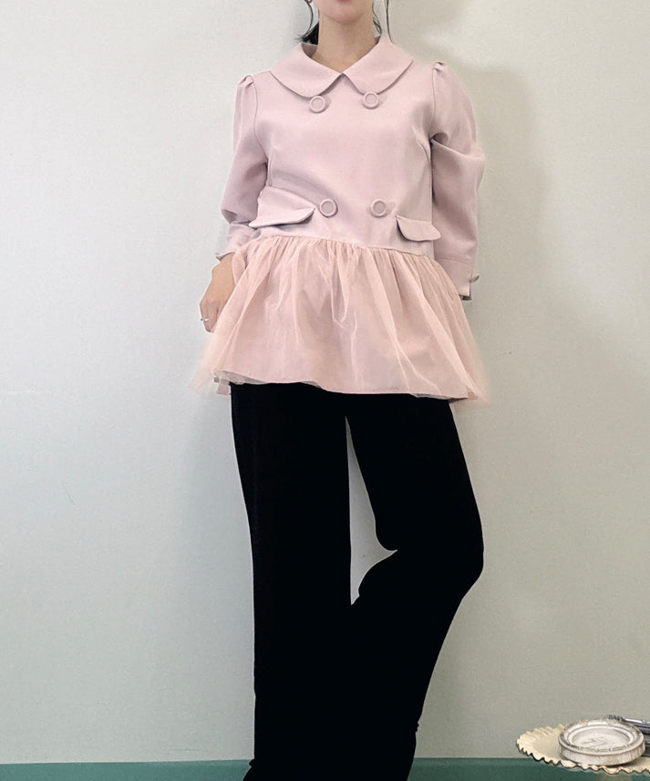 button tulle round collar tunic