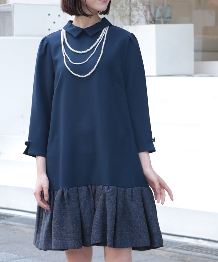 hem switching tweed frills onepiece