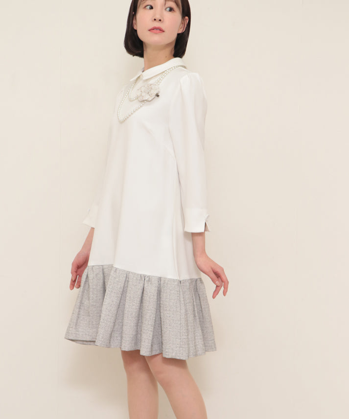 hem switching tweed frills onepiece