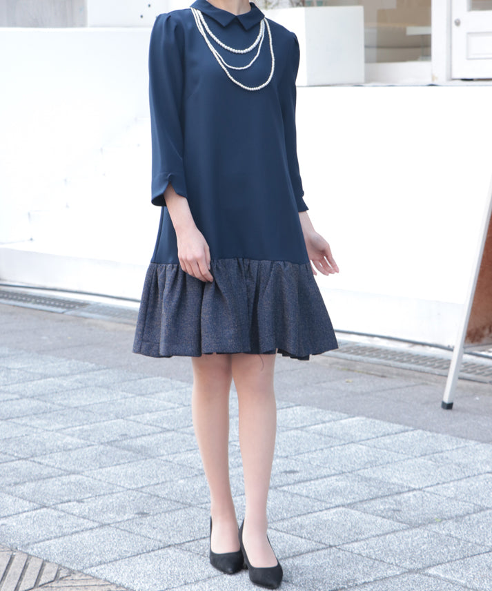 hem switching tweed frills onepiece