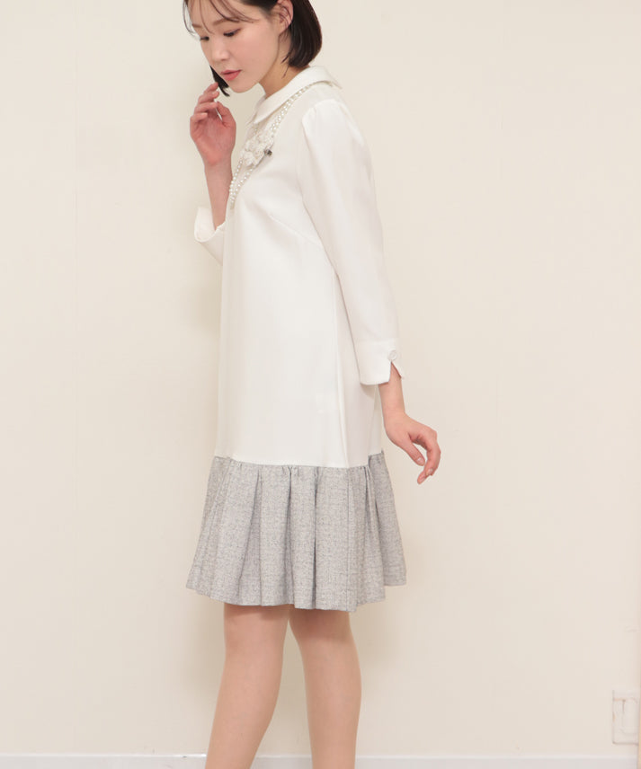 hem switching tweed frills onepiece