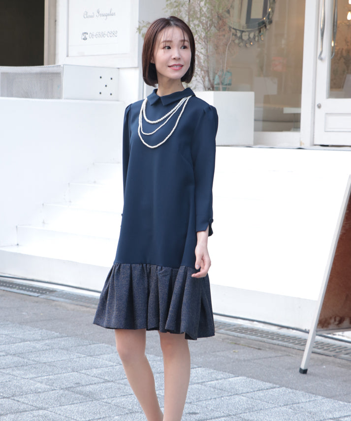 hem switching tweed frills onepiece