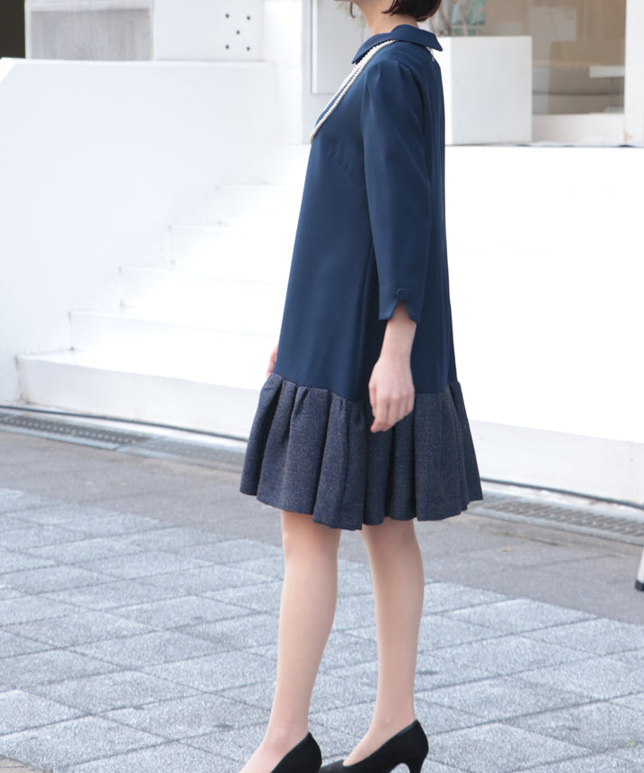 hem switching tweed frills onepiece