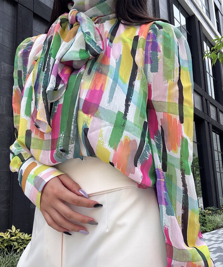 colorful paint bow tie blouse