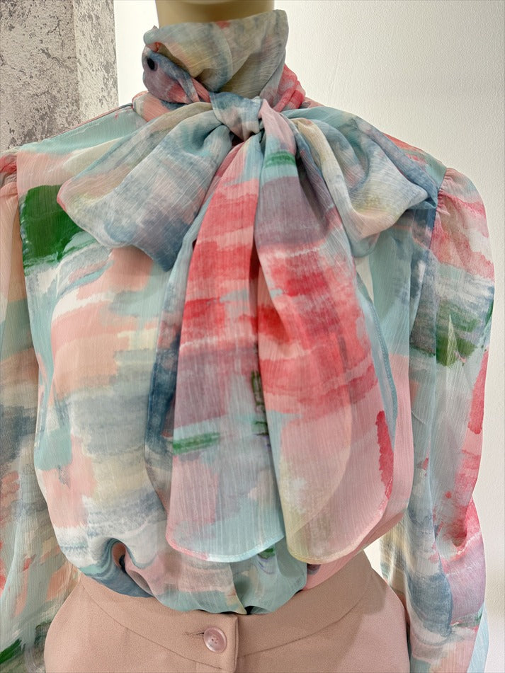 watercolor painting print bow tie blouse