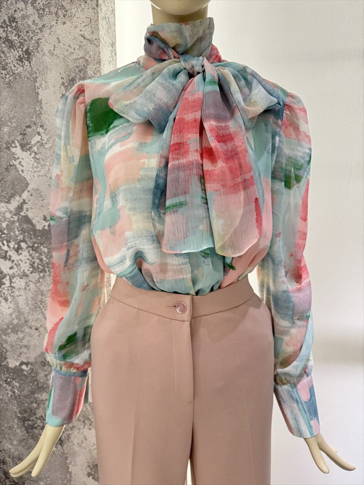 watercolor painting print bow tie blouse
