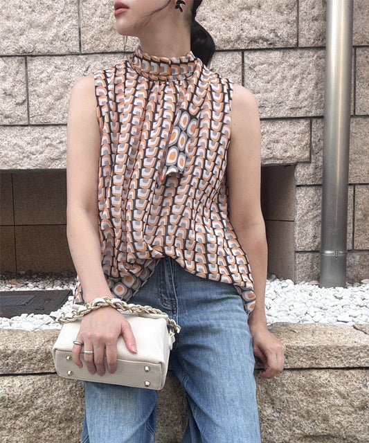 retro print pattern sleeveless bow tie blouse