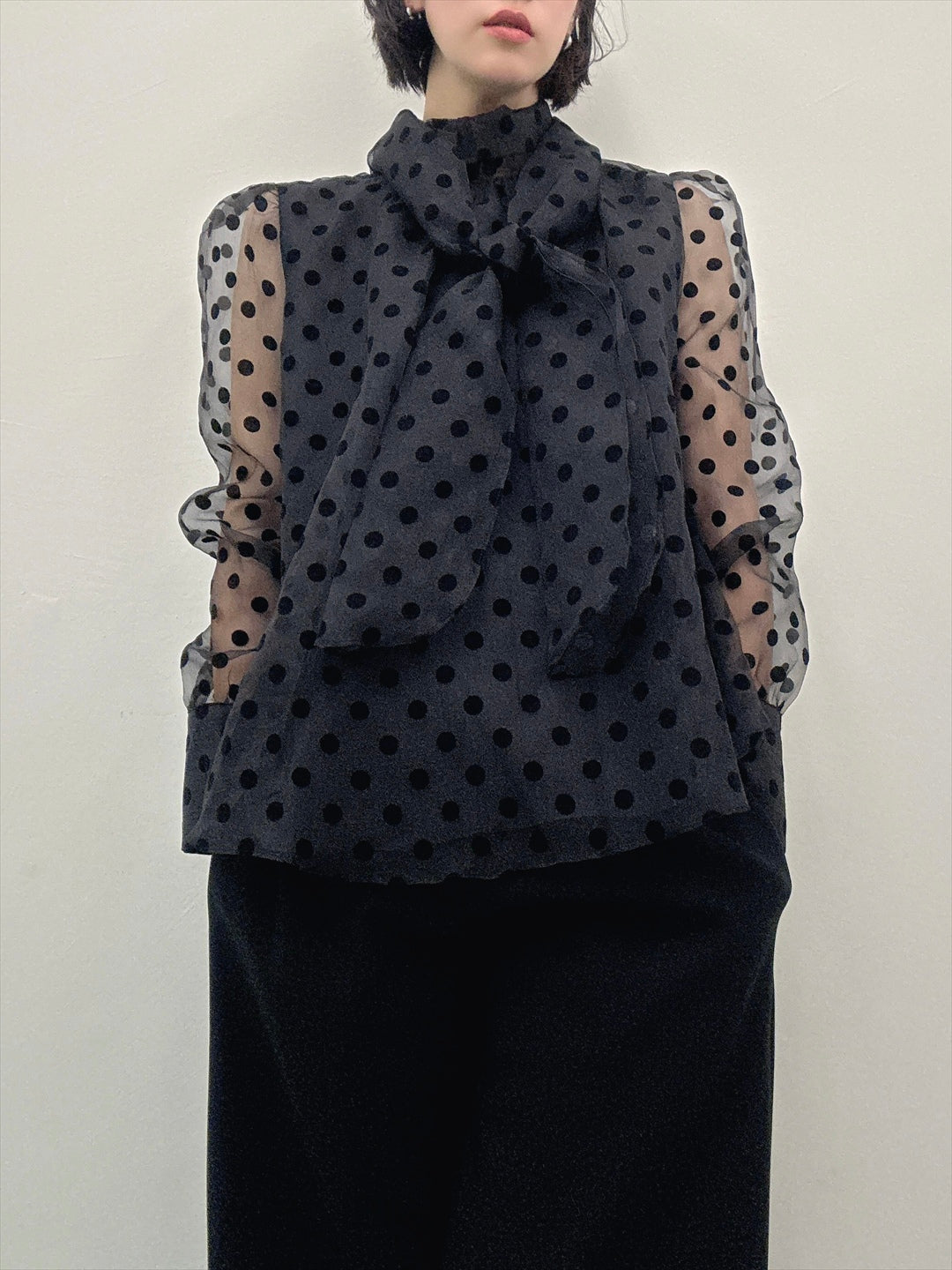 chiffon polka dots bow tie blouse