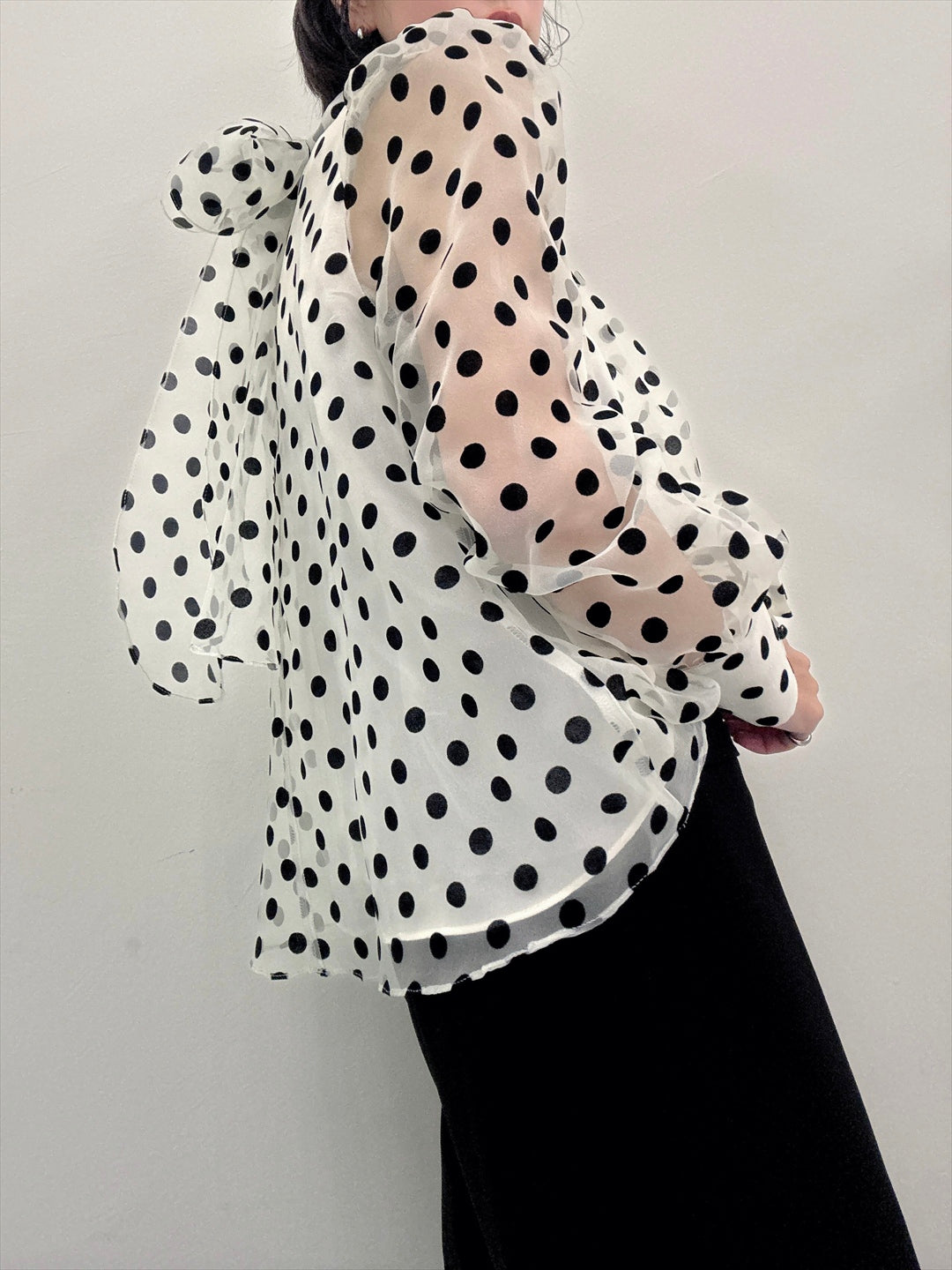 chiffon polka dots bow tie blouse