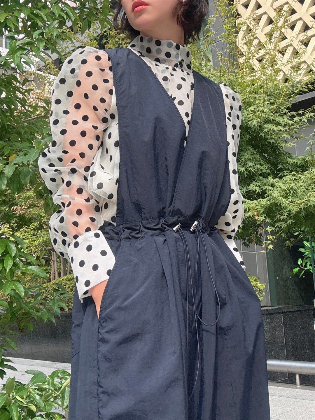 chiffon polka dots bow tie blouse