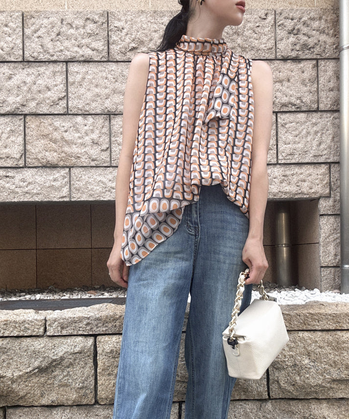 retro print pattern sleeveless bow tie blouse