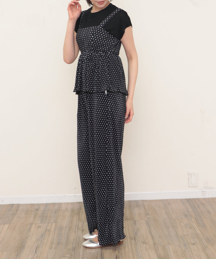 dot pleats camisole+wide pants setup