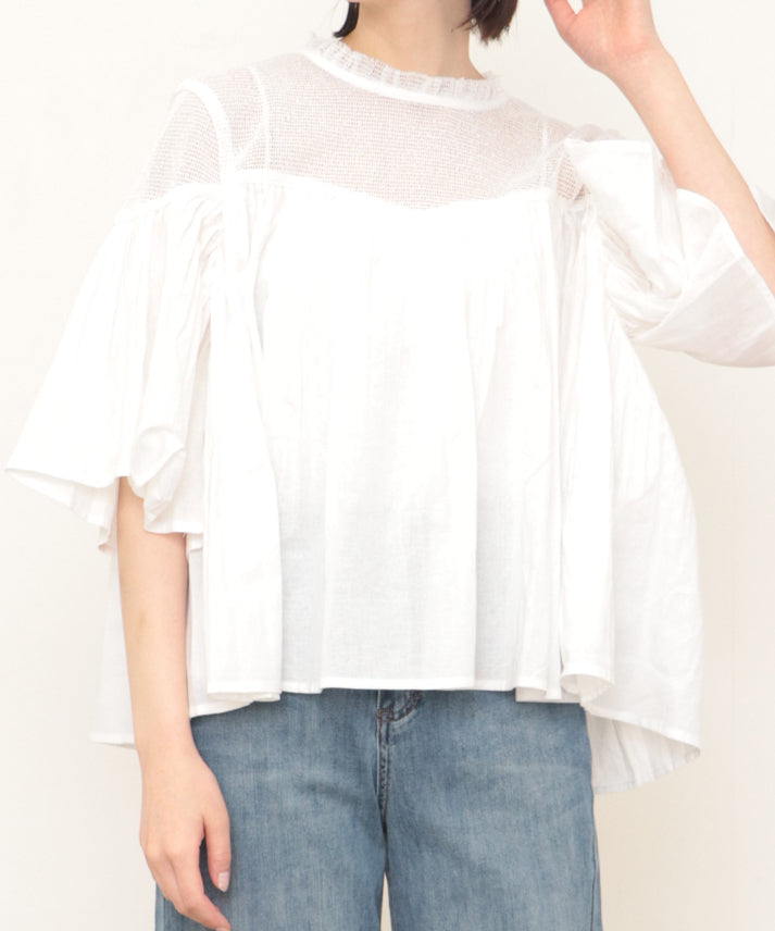 linen decolletage mesh blouse