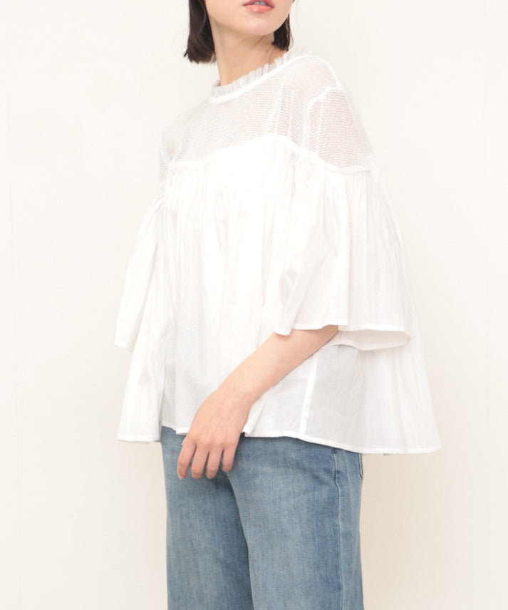 linen decolletage mesh blouse