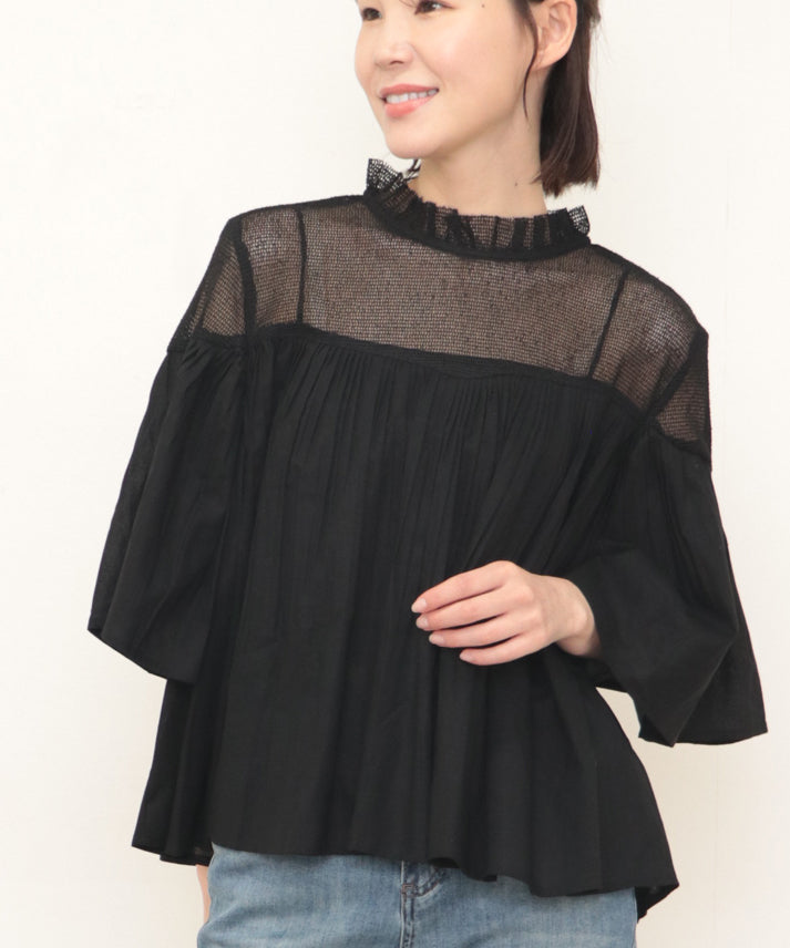 linen decolletage mesh blouse