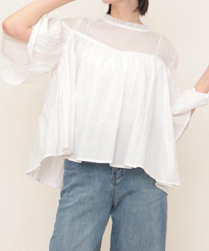 linen decolletage mesh blouse
