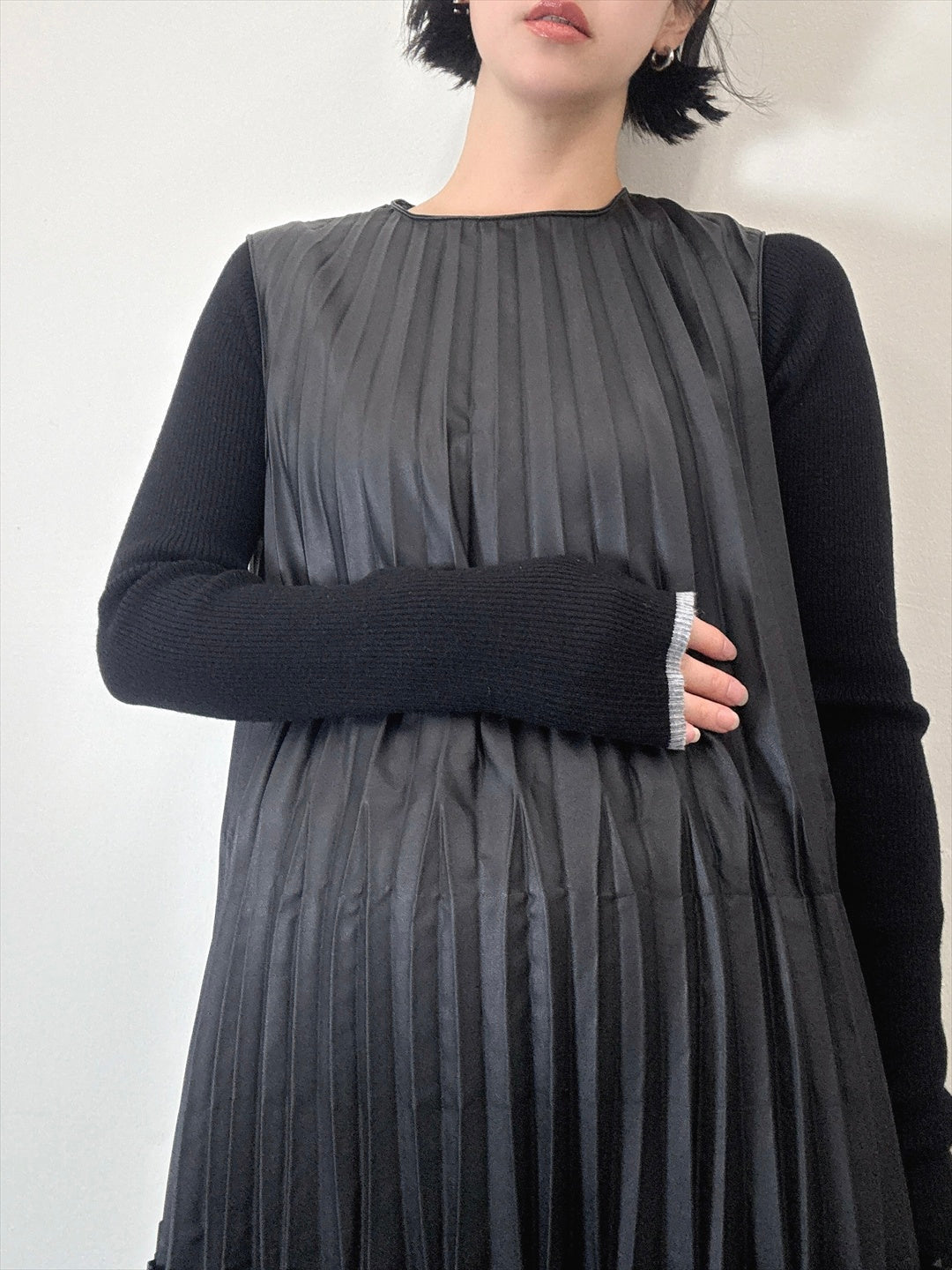 synthetic leather pleats one piece