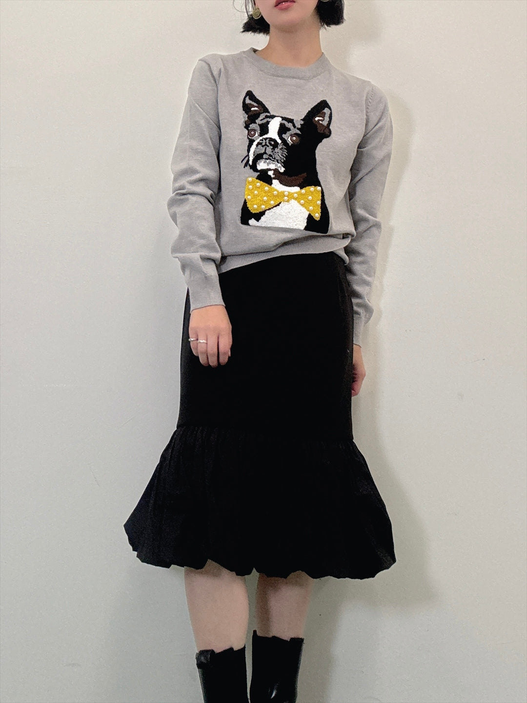 french bulldog bow tie embroidered knit