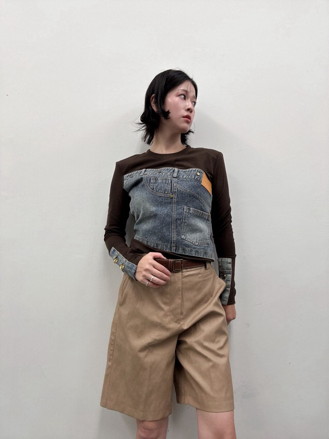 Denim panel long sleeve top