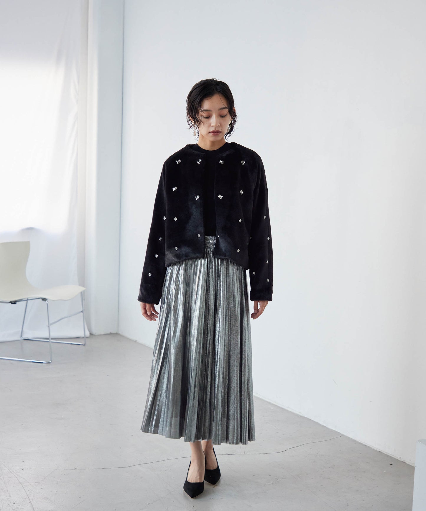 bijou no collar fur jacket