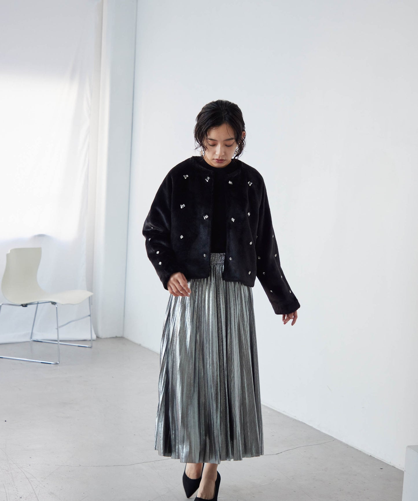 bijou no collar fur jacket