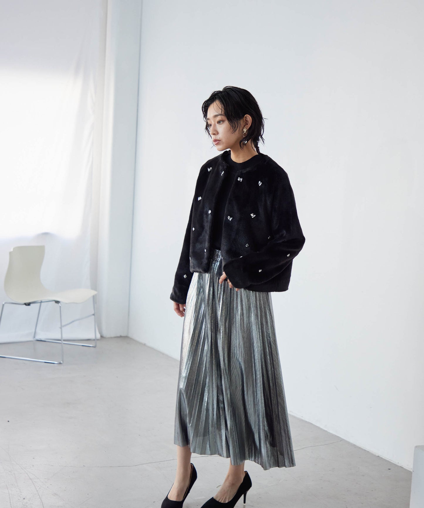 bijou no collar fur jacket