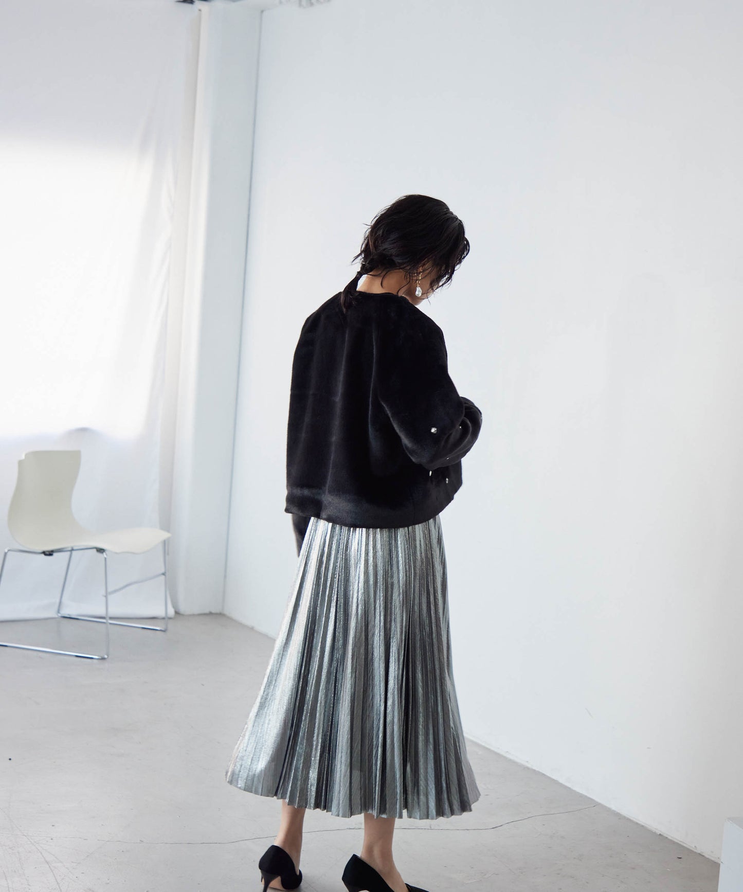 bijou no collar fur jacket