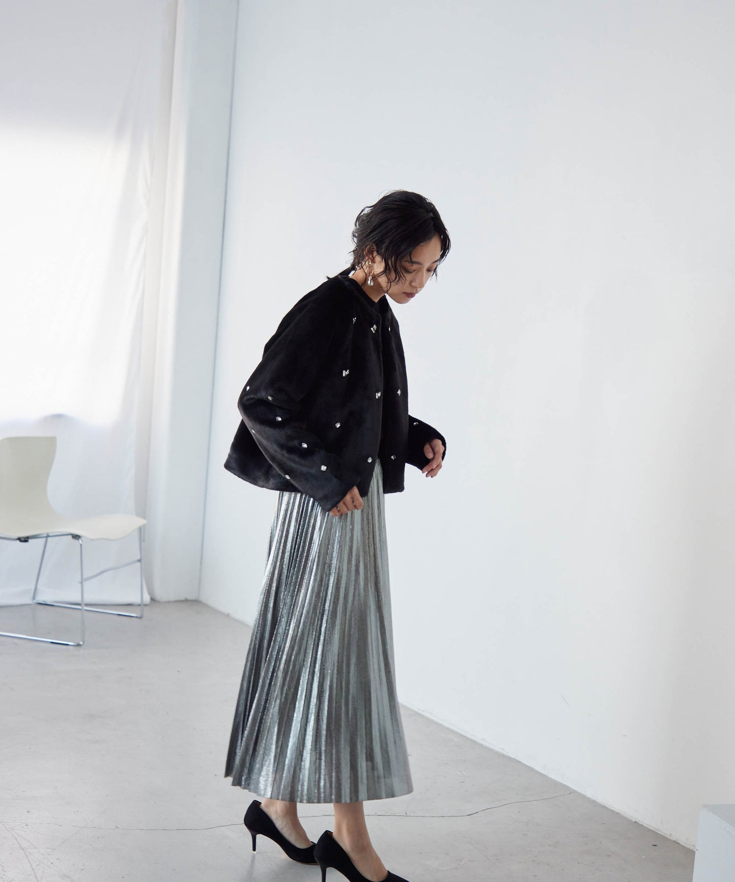 bijou no collar fur jacket