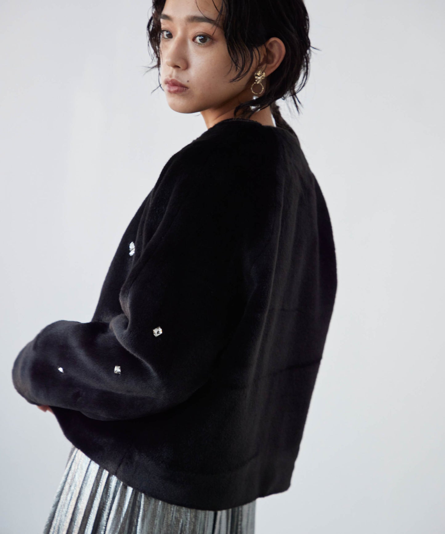 bijou no collar fur jacket