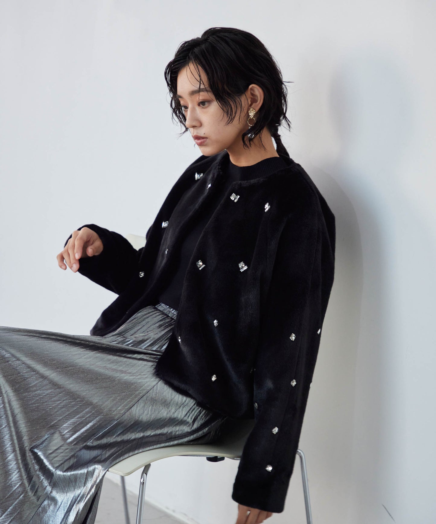 bijou no collar fur jacket