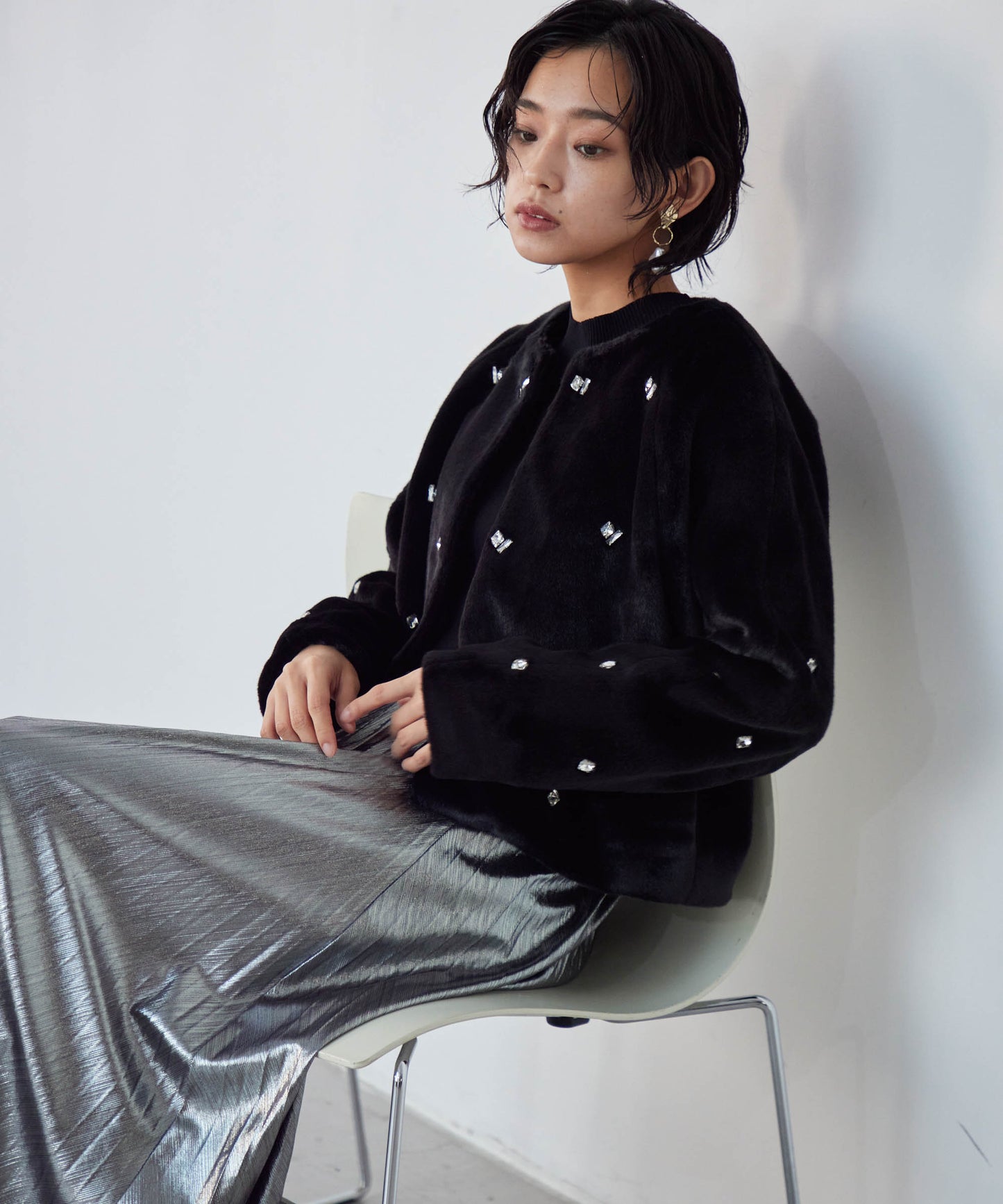 bijou no collar fur jacket