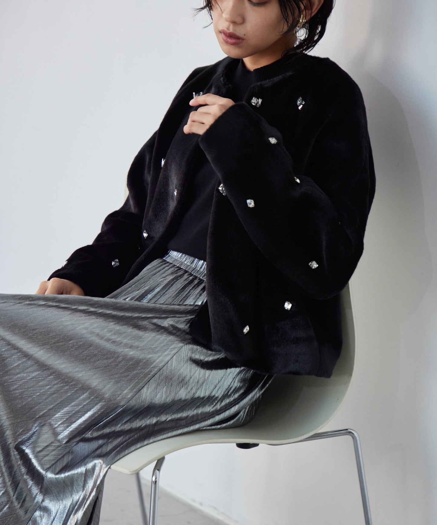 bijou no collar fur jacket