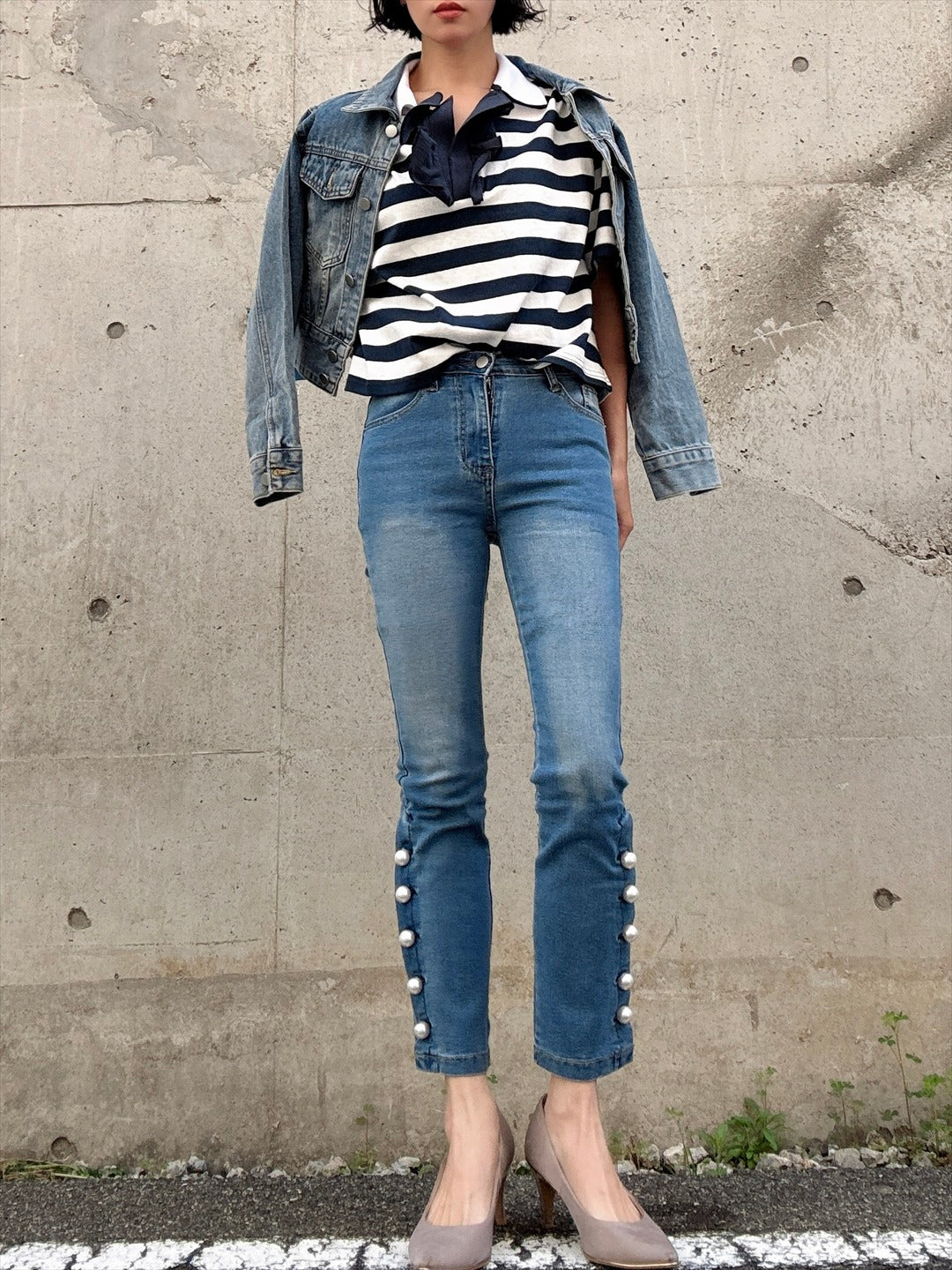 pearl button denim pants