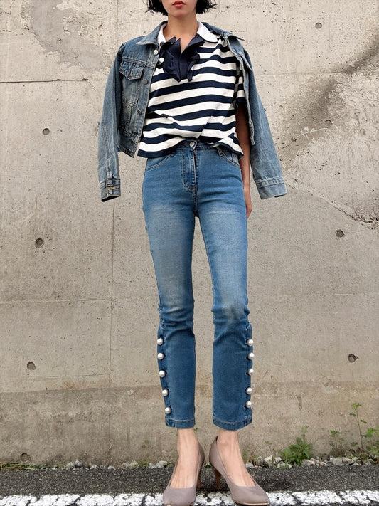 pearl button denim pants